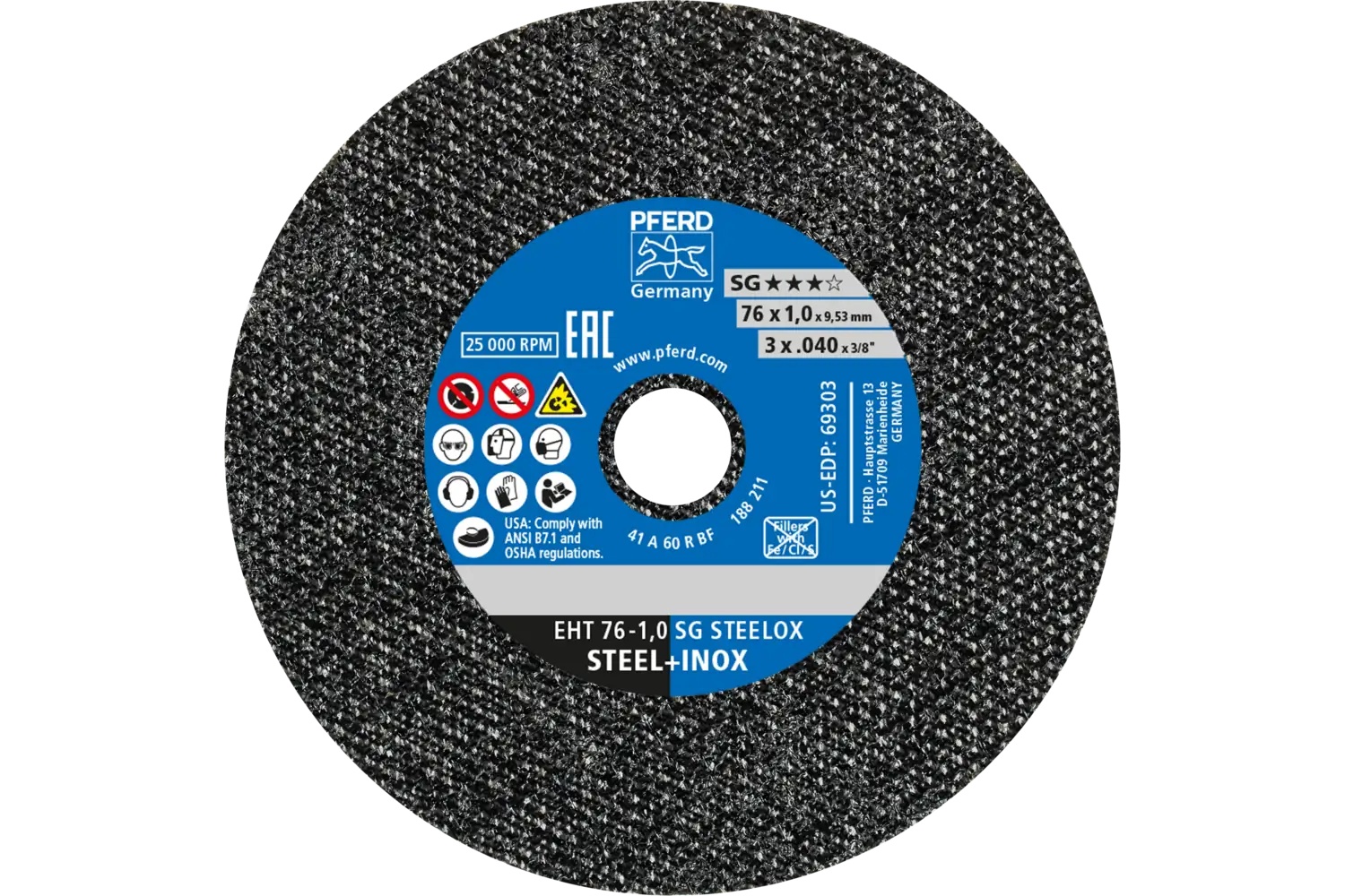 Picture of Pferd Die Grinder Cut-Off Wheel, 3" X .040 X 3/8, Sg Steelox, T1, Aluminum Oxide